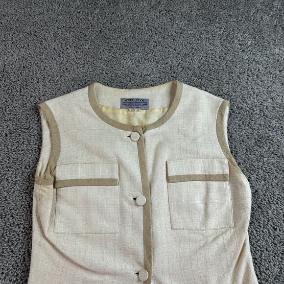 VINTAGE 60s Moe Nathan Silk Vest Womens 8 Beige Button Front Sleeveless READ - Picture 3 of 13